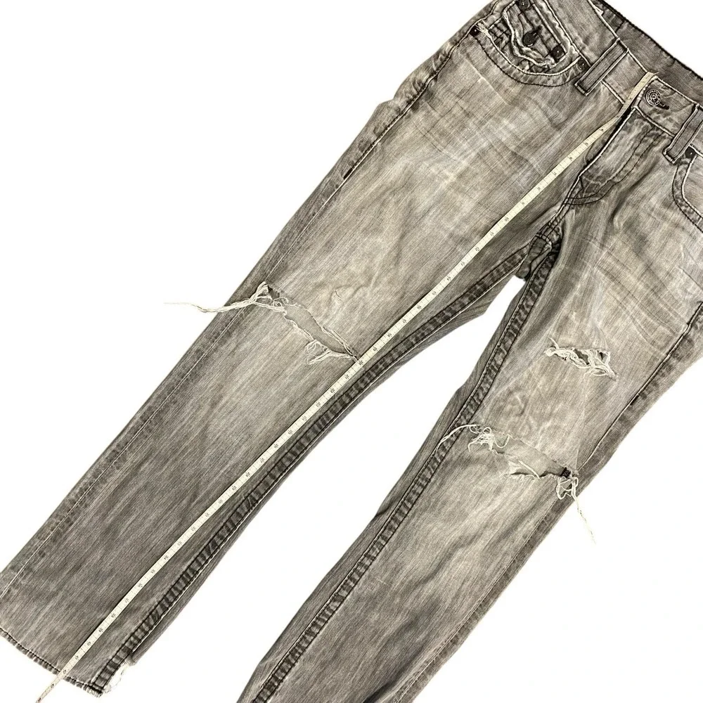 True Religion Ricky Jean Gray Wash Distressed Flap USA Straight Sz 31 Fit 32